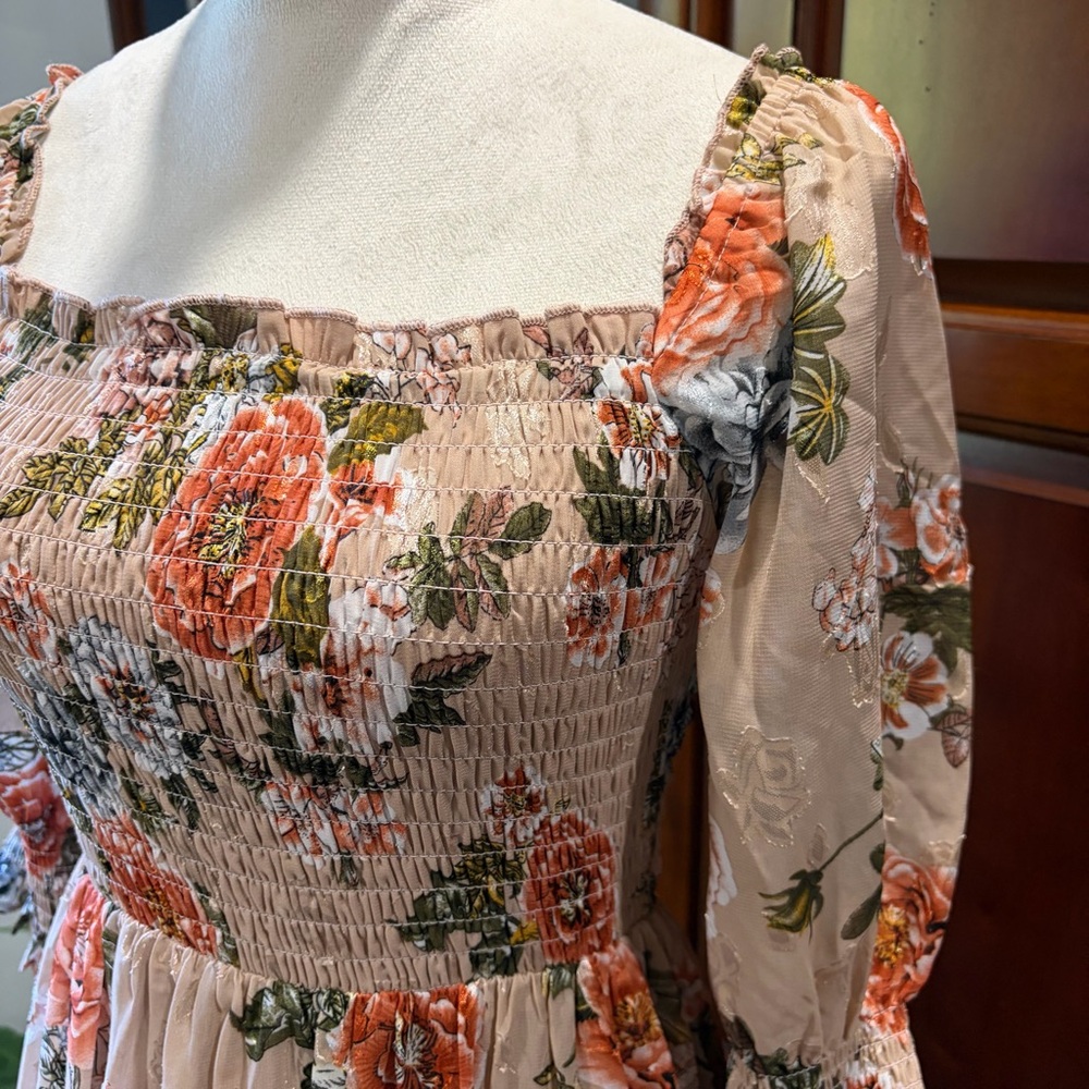 NWT Baltic Born SzSm taupe/peach/gold/floral tiered dress - Picture 2 of 15